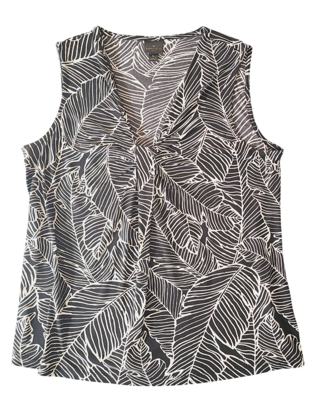 Worthington Womens Sleeveless Leaf Print Blouse PL Polyester/Spandex Black/White